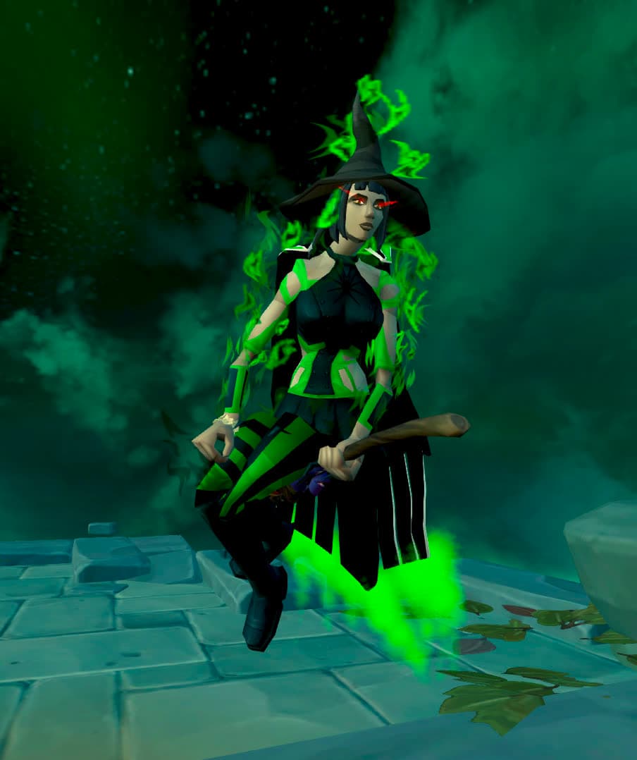 Witch outfit in black and green, hovering on a broom against a stormy sky