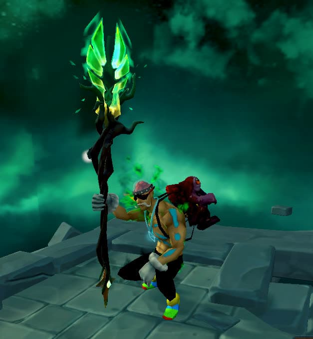 Colourful outfit with a crystal trident staff and a red dragon backpack