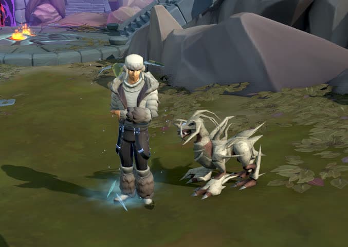 Winter outfit with a fur hat, matched with a skeletal wyvern pet