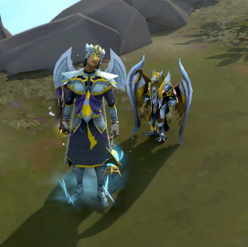 Angelic silver, blue and gold armour beside a matching winged pet